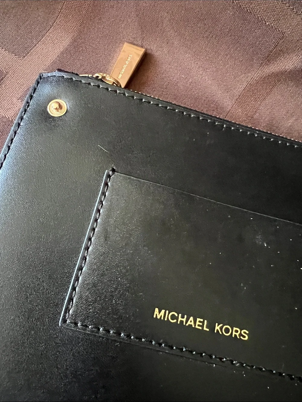 Michael Kors Black Leather Zip Card Pouch with Gold Hardware